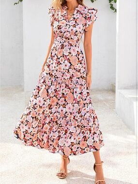 #81 Pretty Garden Floral Midi Dress Cap Sleeve V Neck Ruffle Long Flowy Boho
